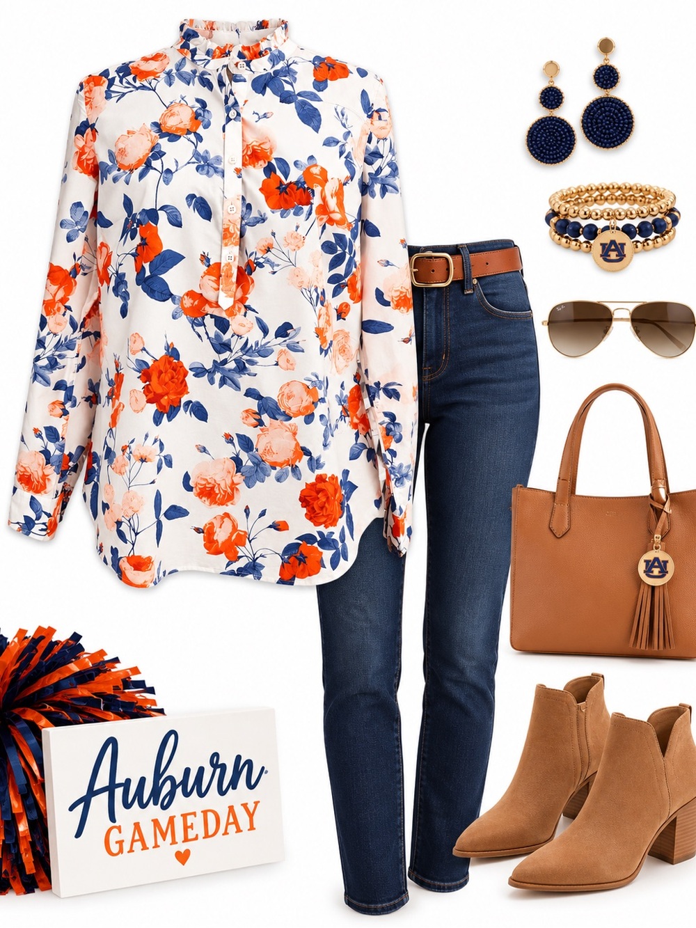 Talbots Floral French Collar - Blouse with White, Orange and Blue